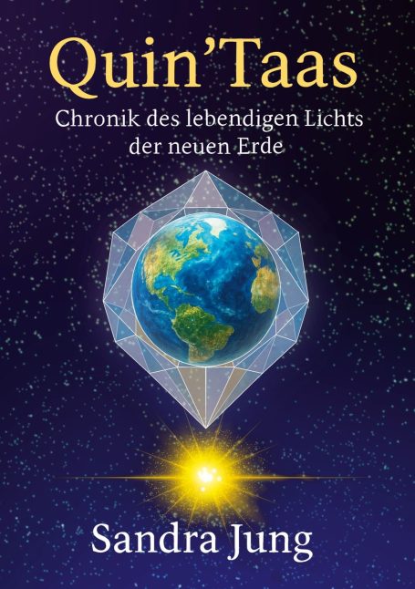 Buchcover mit einem Erdkugel-Motiv und geometrischen Formen, Titel: "Quin'Taas".